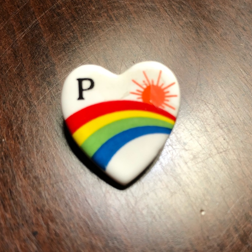80's Vintage Heart Rainbow Pin Initial “P” 1980s Ceramic